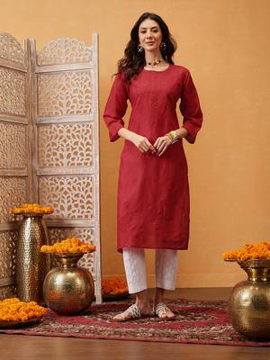 Hand Embroidered Red Cotton Lucknow Chikan Indian Women Kurta 1