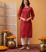 Hand Embroidered Red Cotton Lucknow Chikan Indian Women Kurta