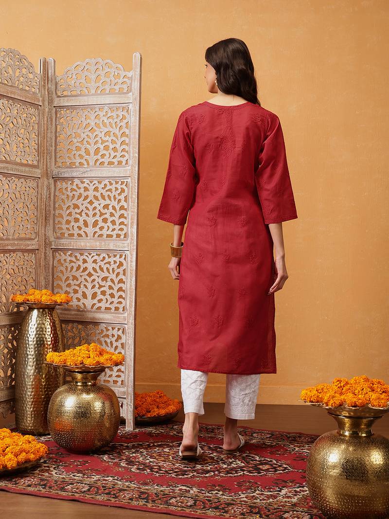 Hand Embroidered Red Cotton Lucknow Chikan Indian Women Kurta