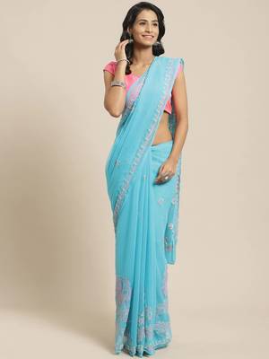 Ada Hand Embroidered Blue Faux Georgette Lucknow Chikankari Saree With Blouse 5