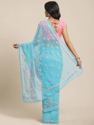 Ada Hand Embroidered Blue Faux Georgette Lucknow Chikankari Saree With Blouse 6