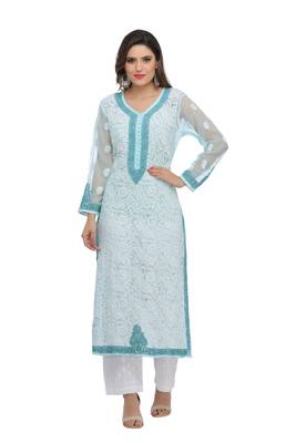 Ada Hand Embroidered Blue Faux Georgette Chikankari Kurti  1