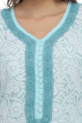 Ada Hand Embroidered Blue Faux Georgette Chikankari Kurti  4