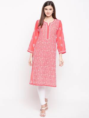 Ada Hand Embroidered Brick Red Georgette Lucknowi Chikankari Kurta - A95523 1