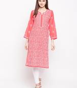 Ada Hand Embroidered Brick Red Georgette Lucknowi Chikankari Kurta - A95523
