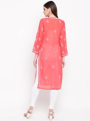 Ada Hand Embroidered Brick Red Georgette Lucknowi Chikankari Kurta - A95523 2