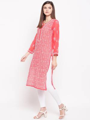Ada Hand Embroidered Brick Red Georgette Lucknowi Chikankari Kurta - A95523 4