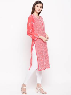 Ada Hand Embroidered Brick Red Georgette Lucknowi Chikankari Kurta - A95523 5