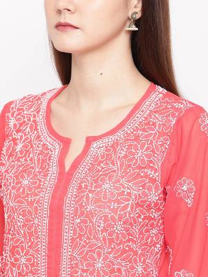 Ada Hand Embroidered Brick Red Georgette Lucknowi Chikankari Kurta - A95523 6
