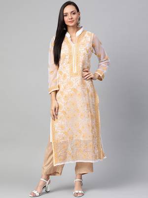 Ada Hand Embroidered White Faux Georgette Lucknowi Chikan Kurti 1