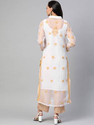 Ada Hand Embroidered White Faux Georgette Lucknowi Chikan Kurti 2