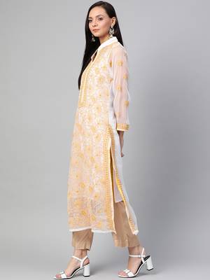 Ada Hand Embroidered White Faux Georgette Lucknowi Chikan Kurti 3