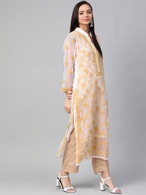 Ada Hand Embroidered White Faux Georgette Lucknowi Chikan Kurti 4