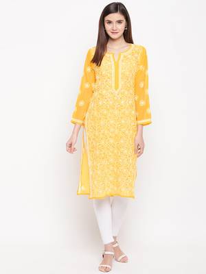 Ada Hand Embroidered Yellow Georgette Lucknow Chikankari Kurta 2