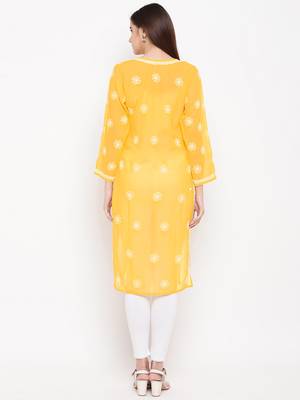 Ada Hand Embroidered Yellow Georgette Lucknow Chikankari Kurta 3