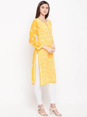 Ada Hand Embroidered Yellow Georgette Lucknow Chikankari Kurta 4