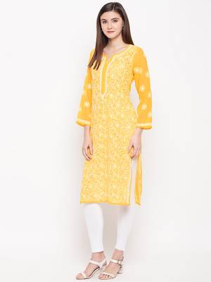 Ada Hand Embroidered Yellow Georgette Lucknow Chikankari Kurta 5