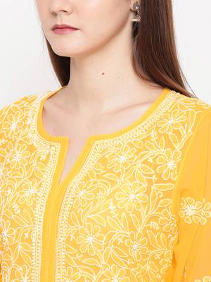 Ada Hand Embroidered Yellow Georgette Lucknow Chikankari Kurta 6