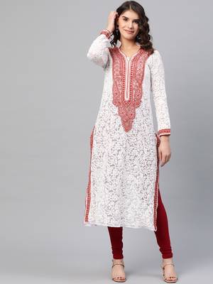 Ada Hand Embroidered White Georgette Lucknowi Chikankari Indian Women Kurta - A237423 1
