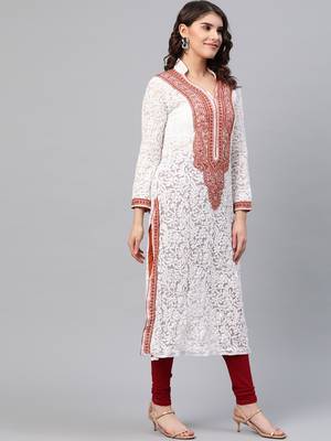 Ada Hand Embroidered White Georgette Lucknowi Chikankari Indian Women Kurta - A237423 3