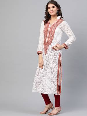 Ada Hand Embroidered White Georgette Lucknowi Chikankari Indian Women Kurta - A237423 4