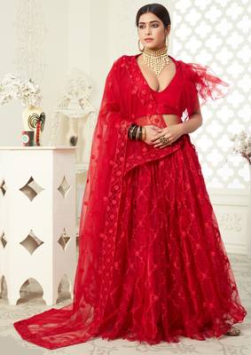 Red thread embroidered net Semi Stitched Bridal Lehenga 1