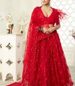 Red thread embroidered net Semi Stitched Bridal Lehenga