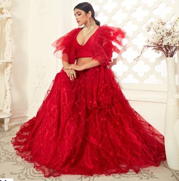 Red thread embroidered net Semi Stitched Bridal Lehenga 2