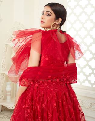 Red thread embroidered net Semi Stitched Bridal Lehenga 3