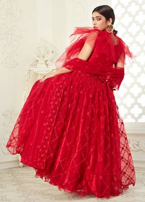 Red thread embroidered net Semi Stitched Bridal Lehenga 4