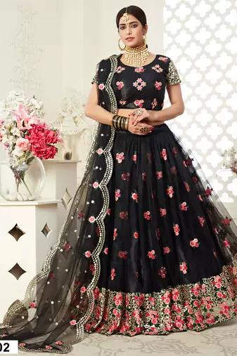 Black thread embroidered net semi stitched Bridal lehenga