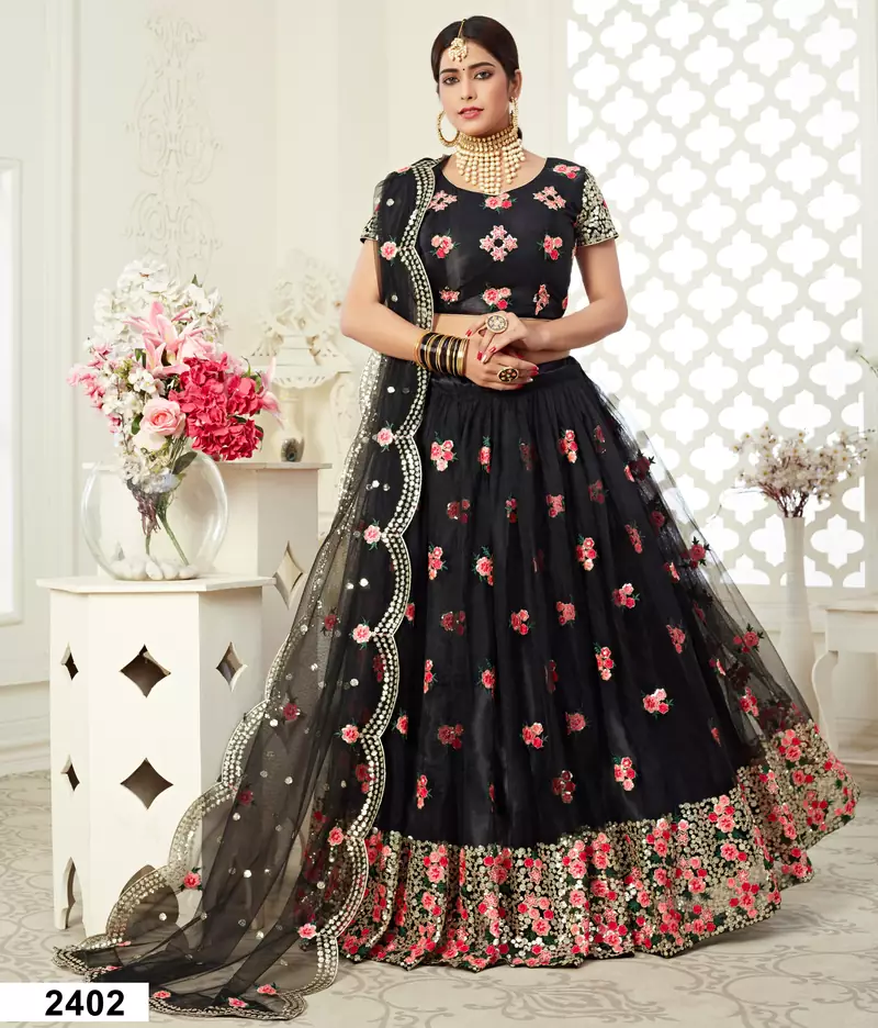 Black thread embroidered net semi stitched Bridal lehenga