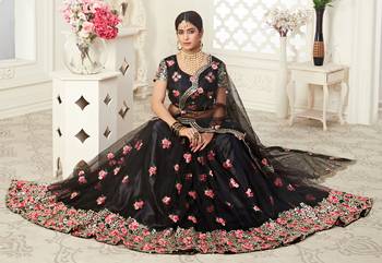 Black thread embroidered net Semi Stitched Bridal Lehenga 2