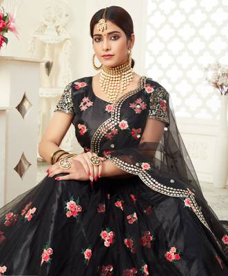 Black thread embroidered net Semi Stitched Bridal Lehenga 3