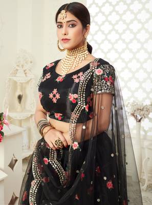 Black thread embroidered net Semi Stitched Bridal Lehenga 4