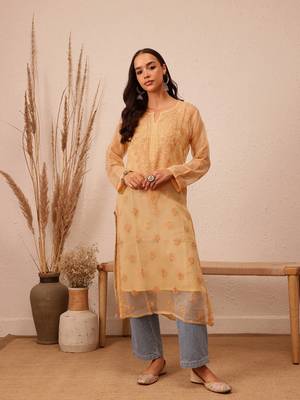 Hand Embroidered Fawn Georgette Lucknowi Chikankari Indian Women Kurta With Slip 1