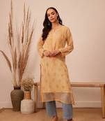 Hand Embroidered Fawn Georgette Lucknowi Chikankari Indian Women Kurta With Slip