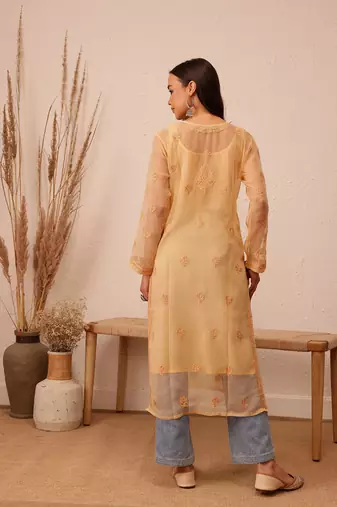 Hand Embroidered Fawn Georgette Lucknowi Chikankari Indian Women Kurta With Slip
