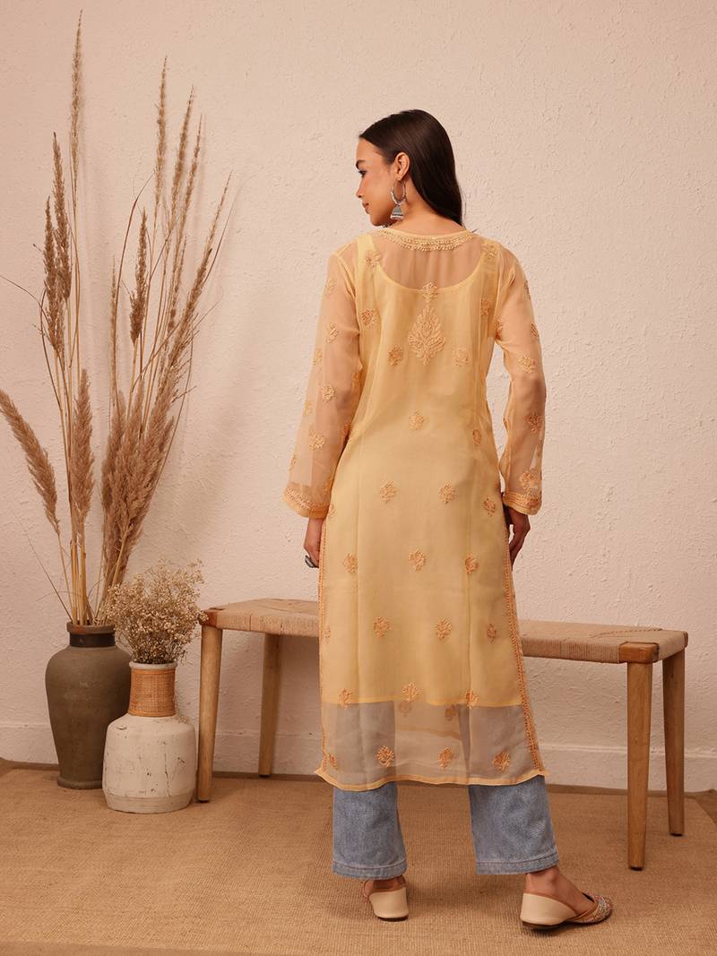 Hand Embroidered Fawn Georgette Lucknowi Chikankari Indian Women Kurta With Slip