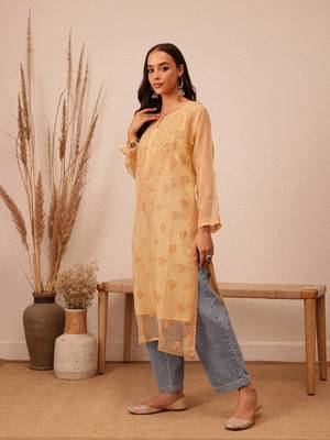 Hand Embroidered Fawn Georgette Lucknowi Chikankari Indian Women Kurta With Slip 3