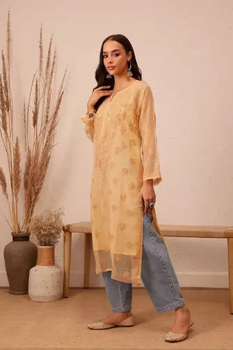 Hand Embroidered Fawn Georgette Lucknowi Chikankari Indian Women Kurta With Slip