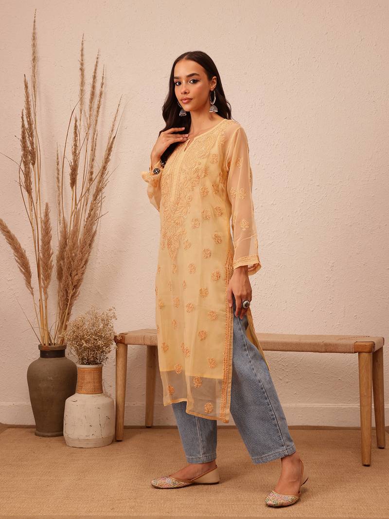 Hand Embroidered Fawn Georgette Lucknowi Chikankari Indian Women Kurta With Slip