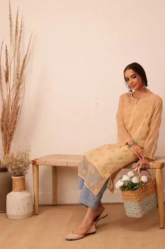 Hand Embroidered Fawn Georgette Lucknowi Chikankari Indian Women Kurta With Slip