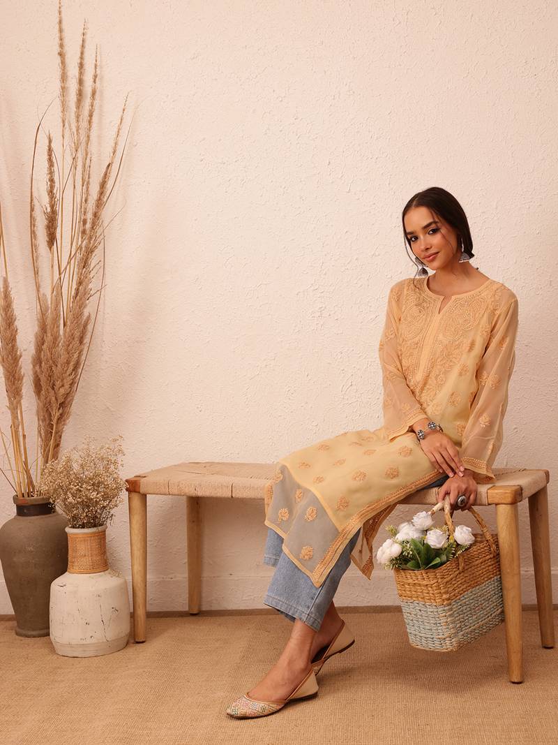 Hand Embroidered Fawn Georgette Lucknowi Chikankari Indian Women Kurta With Slip