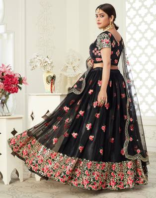 Black thread embroidered net Semi Stitched Bridal Lehenga 5