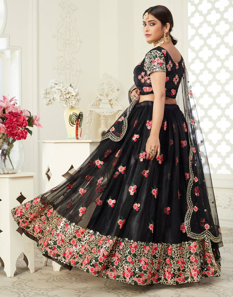 Black thread embroidered net semi stitched Bridal lehenga
