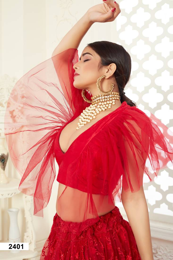 Red thread embroidered net Semi Stitched Bridal Lehenga