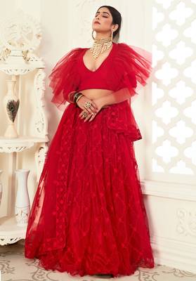Red thread embroidered net Semi Stitched Bridal Lehenga 6