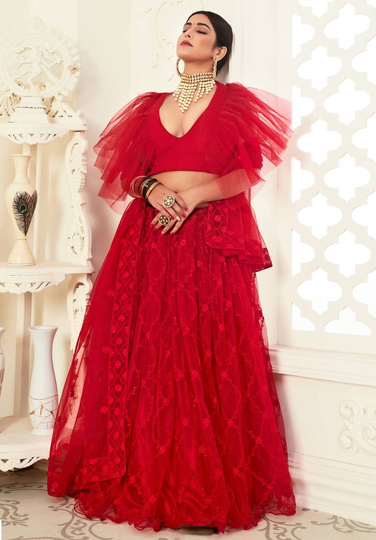 Red thread embroidered net Semi Stitched Bridal Lehenga