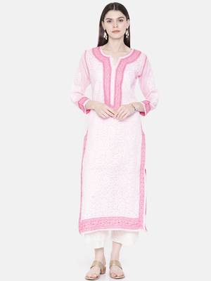 Ada Hand Embroidered Pink Cotton Lucknowi Chikankari Women Kurta - A267612 7